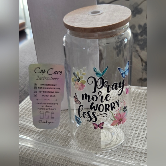 16oz Handmade Glass Tumbler – “Pray More Worry Less” with Bamboo Lid and Straw - Picture 1 of 4